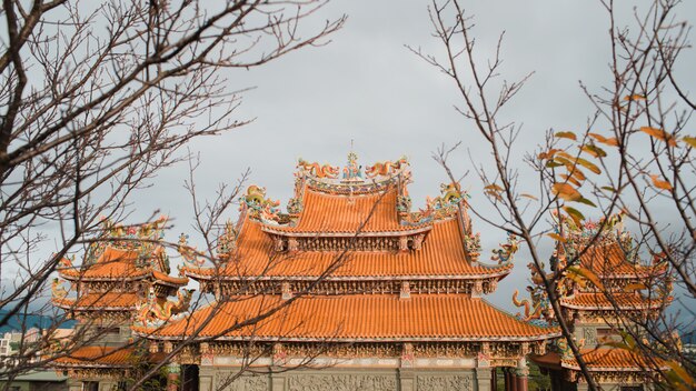 Low angle shot of Shinto shrine with interesting textures under the clear sky