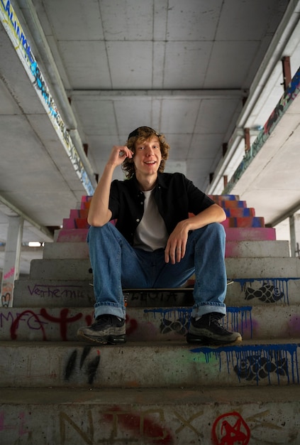 Free photo low angle smiley teen sitting on skateboard