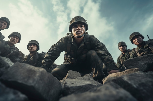 Free photo low angle soldiers fighting during war