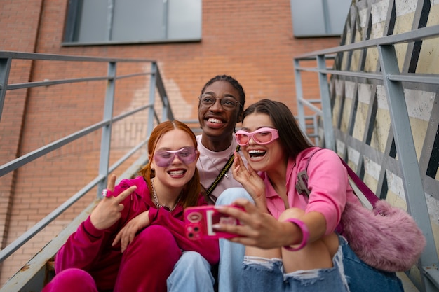 Foto gratuita adolescenti a basso angolo che si fanno un selfie