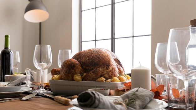 Low angle turkey prepared for thanksgiving day