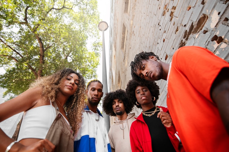 Free Photo low angle underground hip hop musicians