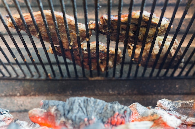 Free photo low angle view of beef steak on the grill