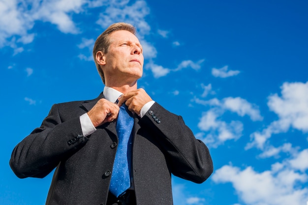 Free photo low angle view of a mature businessman in black suit against sky