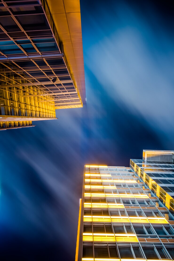 Free Photo low angle view of modern office buildings