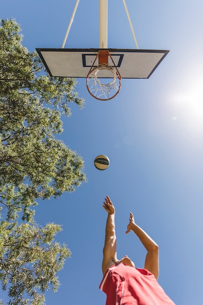 Low angle view of shooting basketball player