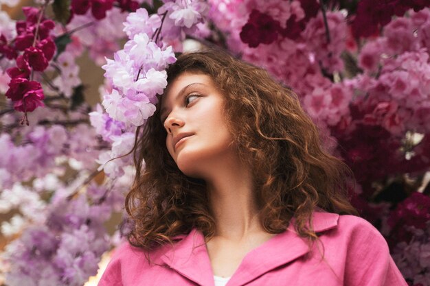 Low angle woman posing with flowers