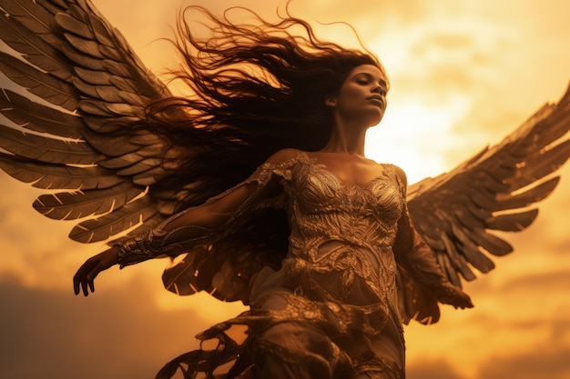 Free photo low angle woman with wings flying