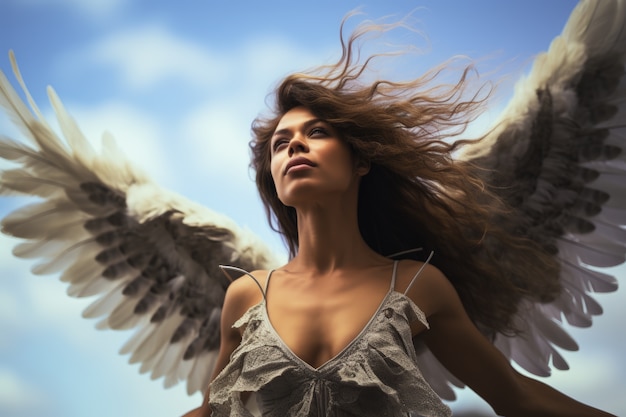 Low angle woman with wings flying