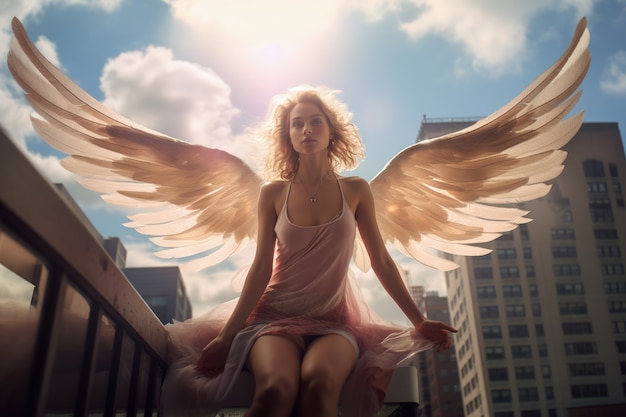 Free photo low angle woman with wings flying