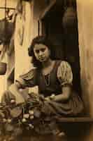 Free photo low angle young woman posing vintage portrait