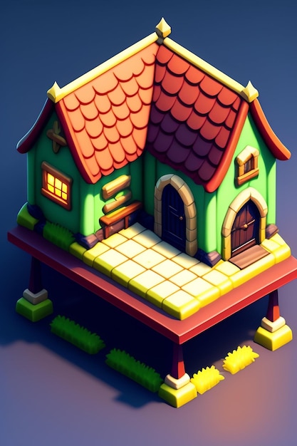 A low poly house with a green roof and a red roof.