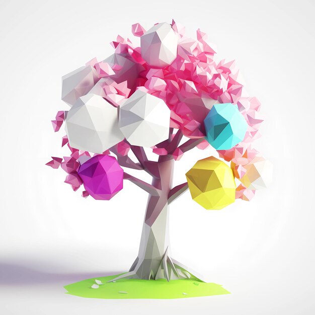 Lowpoly3d tree in the spring on white background
