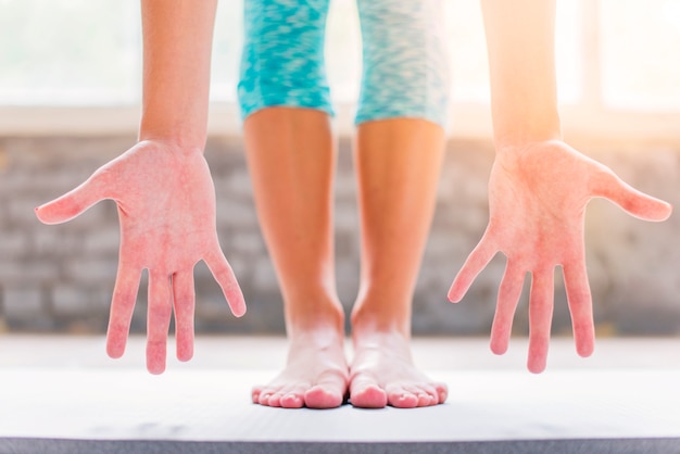 Free photo lowsection view of a woman showing her palm