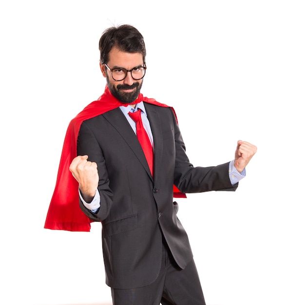 Free photo lucky businessman dressed like superhero