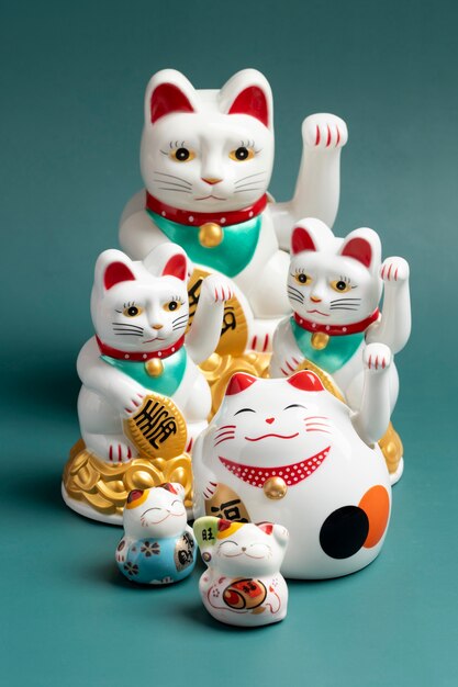 緑の背景のラッキーキャッツのアレンジメント