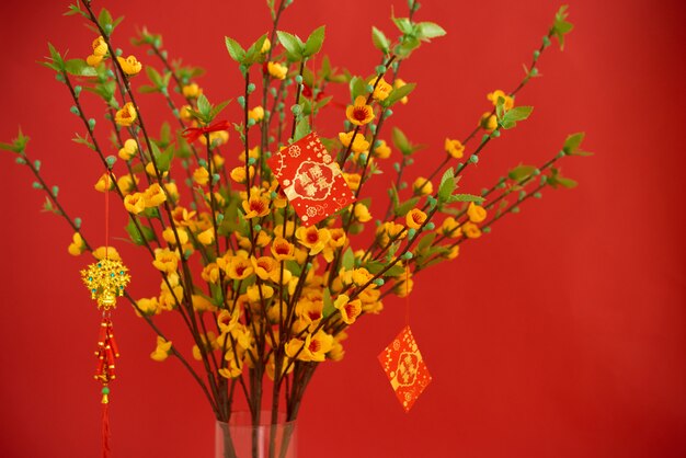 Счастливые красные конверты, висящие на цветущем персиковом дереве, с наилучшими пожеланиями наступающего года на открытках