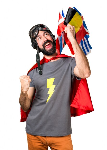 Lucky superhero with a lot of flags