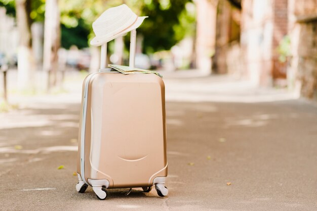 Luggage standing with hat on top