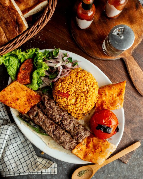 Lule kebab with boreks and side vegetables