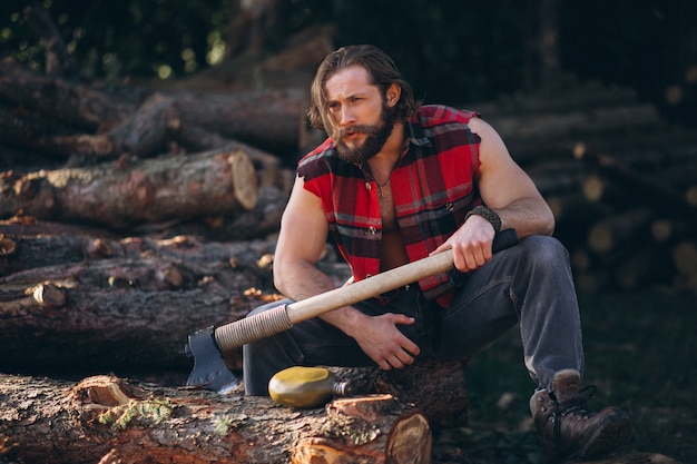 Lumberjack in forest