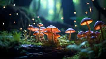 Free photo luminescent mushrooms carpeting the jungle floor casting an otherworldly glow