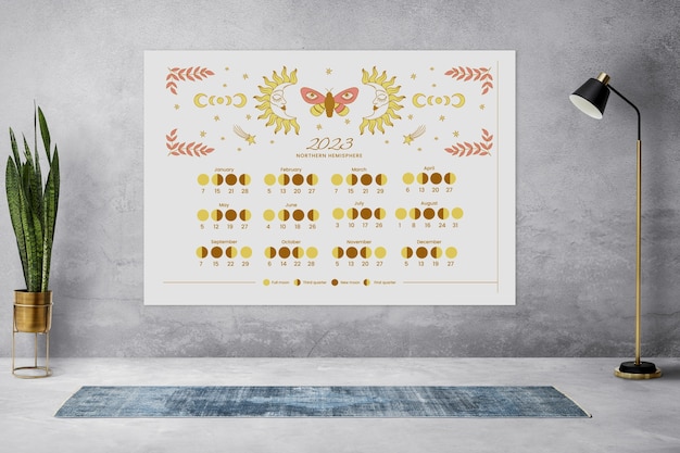 Free photo lunar calendar with drawing on wall