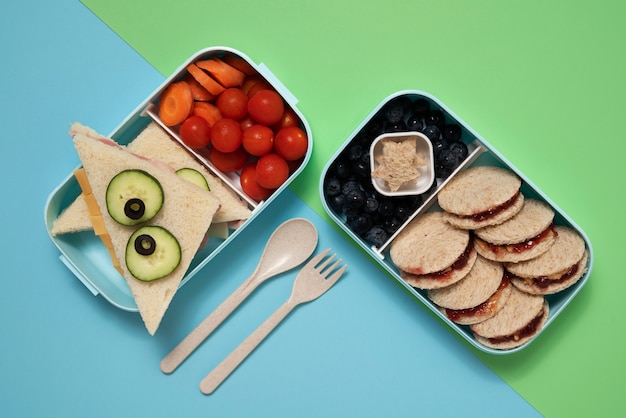 Lunch boxes with delicious food flat lay