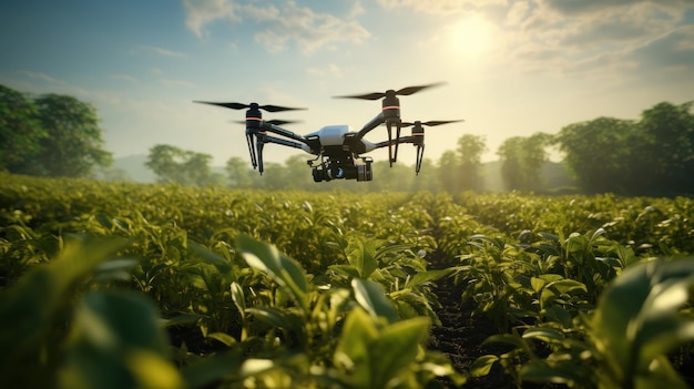 Lush green farmland being surveyed by a drone for precision agriculture