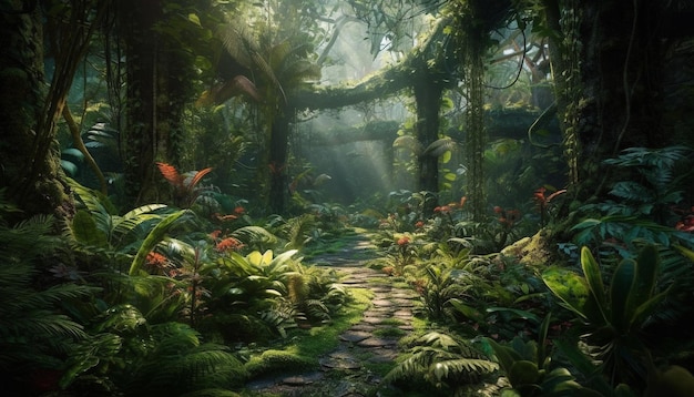 Lush green forest tropical rainforest tranquil pond mysterious underwater beauty generated by artificial intelligence