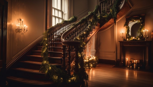 Foto gratuita lussuosi interni domestici illuminati da brillanti luci natalizie generate dall'intelligenza artificiale