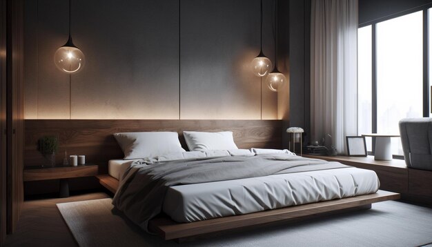 Luxurious modern bedroom with comfortable bedding and elegance generated by AI