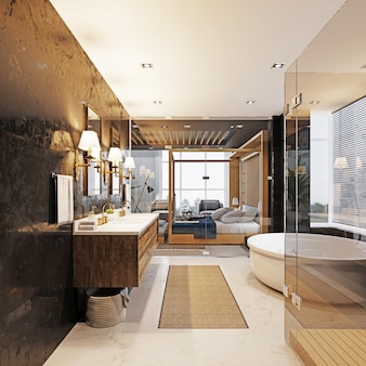 Luxurious-style bathroom with large bathtub, shower and double washbasin. black marble walls. 3d rendering.