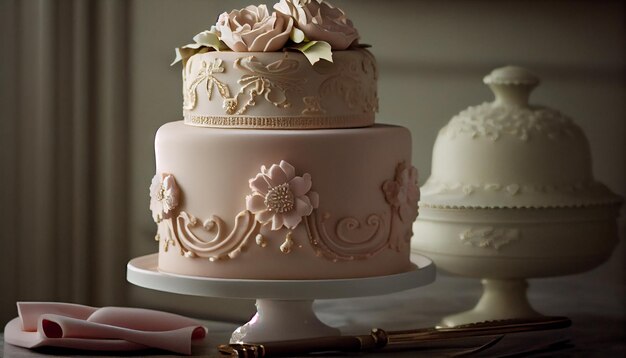 Luxurious wedding cake adorned with ornate decoration generated by AI