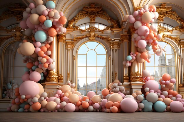 роскошная рамка в стиле барокко и пастельные воздушные шары в центре комнаты, цифровой фон