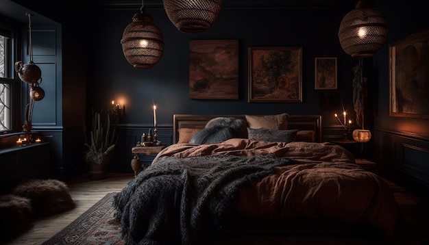 Роскошная спальня с современным дизайном и элегантностью, генерируемой искусственным интеллектом