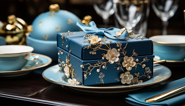 Free photo luxury chocolate dessert on ornate gold plate generated by ai