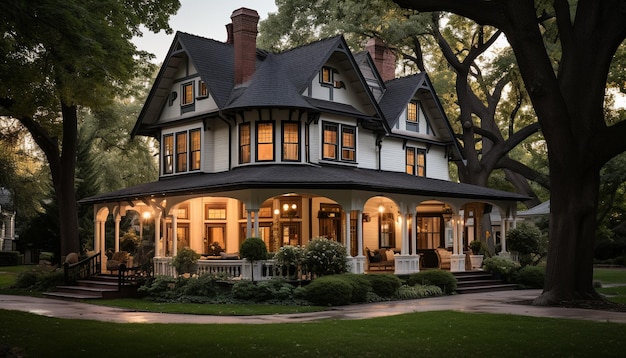 Free photo luxury cottage in old suburb illuminated by twilight lighting generated by artificial intelligence