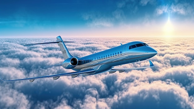 Luxury design private jet flying over the clouds AI generated image