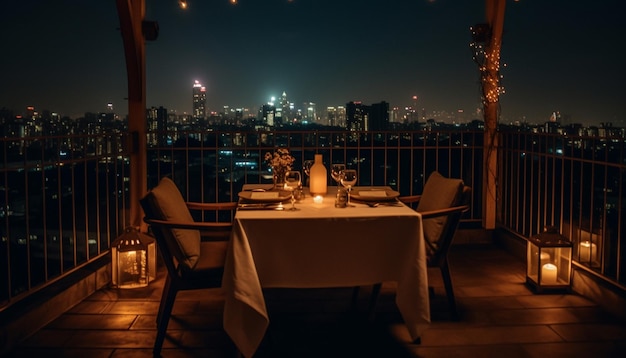 Luxury dining outdoors city skyline illuminated beautifully generated by AI