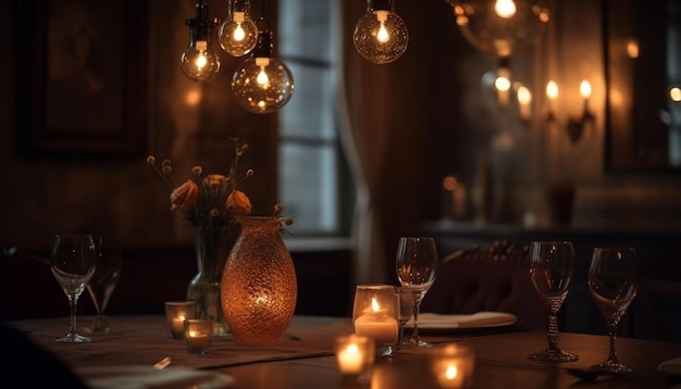 Luxury dining room illuminated by candlelight glow generated by AI