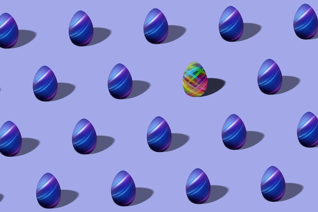 Modello di uovo di pasqua di lusso realizzato, modello di uovo di pasqua alla moda realizzato, glitter viola e blu, concetto di pasqua minimo