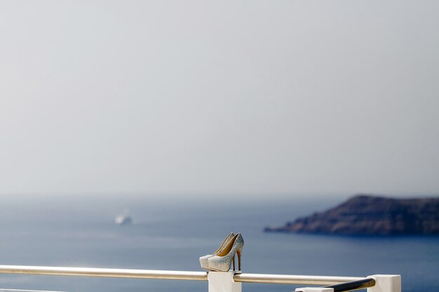 Luxury heels for bride on the balcony