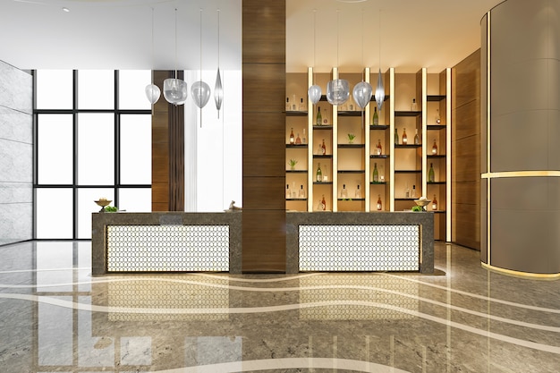 Luxury hotel reception hall and office with decor shelf
