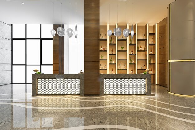 Luxury hotel reception hall and office with decor shelf