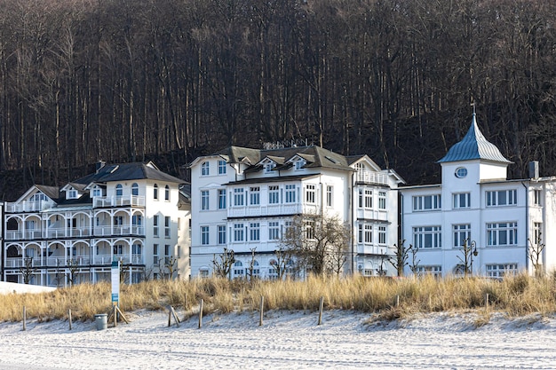Luxury hotels along the sandy shore near the forest