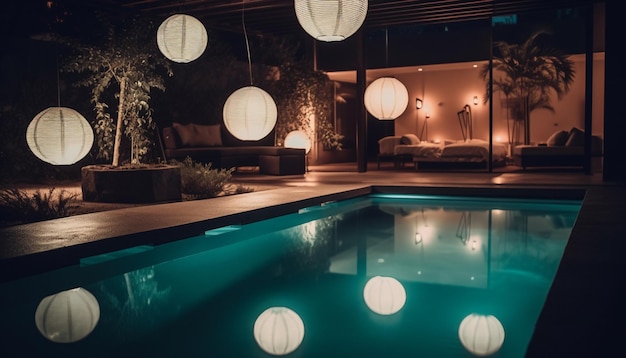 Foto gratuita piscina coperta di lusso illuminata da illuminazione blu generata da ai