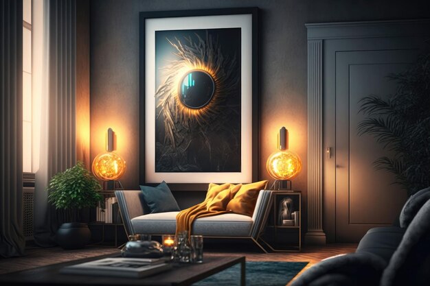 Luxury interior of living room with sofa lamp and plant Frame poster mockup