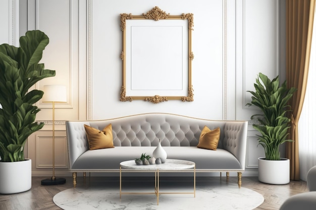 Luxury living room interior with white walls wooden floor comfortable sofa with gold pillows and coffee table Mockup poster frame