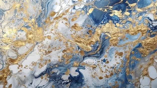 豪華な大理石の背景 デジタル アート マーブリング テクスチャ ブルー ゴールド Ai 生成画像